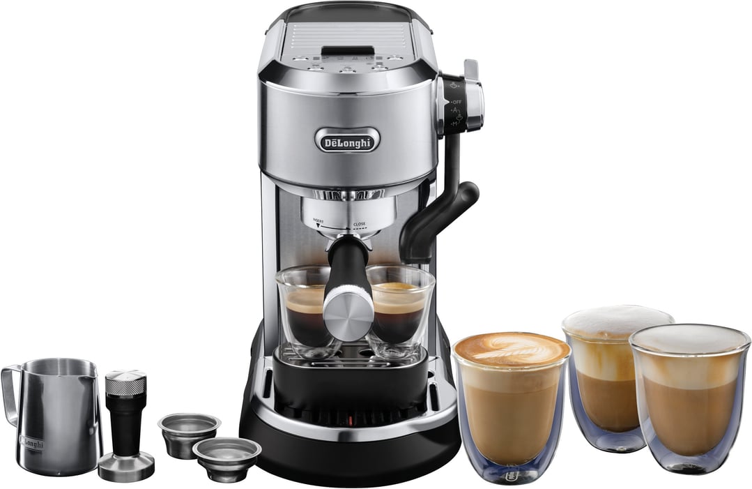 DeLonghi Dedica Maestro Plus Manual Coffee Machine with accessories and coffee drinks