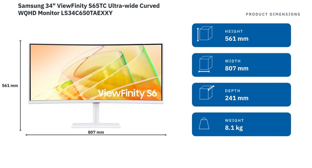 Samsung 34" ViewFinity S65TC Ultra-wide Curved WQHD Monitor LS34C650TAEXXY — product dimensions