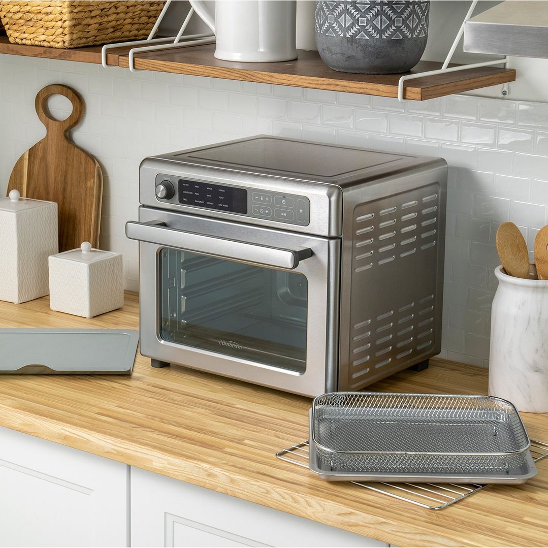Sunbeam 22L 12-in-1 Digital Multifunctional Air Fryer Oven on a wooden kitchen counter
