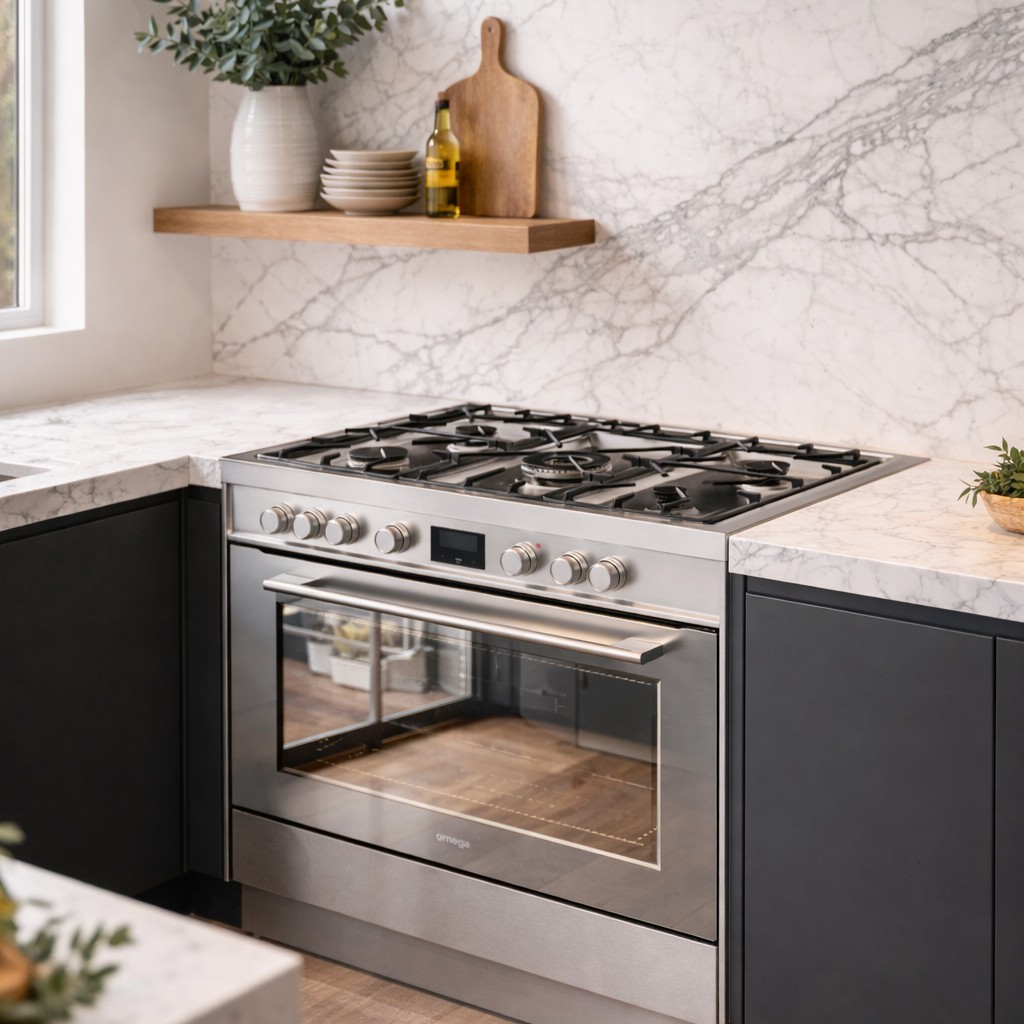 Stainless steel freestanding dual fuel cooker in a modern kitchen with marble backsplash