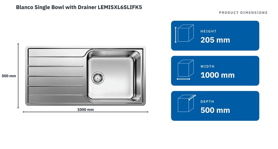 Blanco Single Bowl with Drainer LEMISXL6SLIFK5 — product dimensions