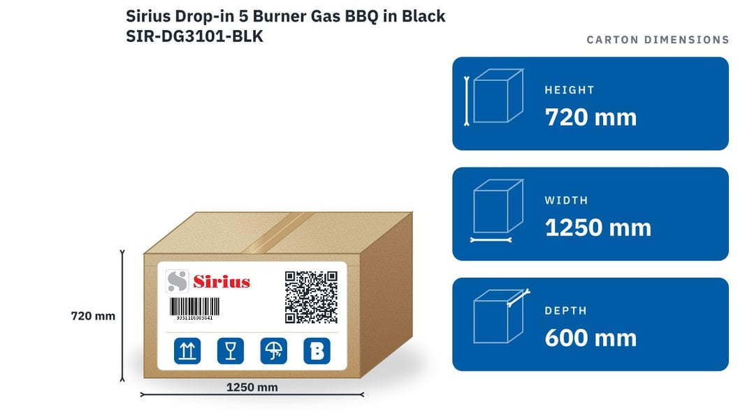 Sirius Drop-in 5 Burner Gas BBQ in Black SIR-DG3101-BLK — packaged dimensions
