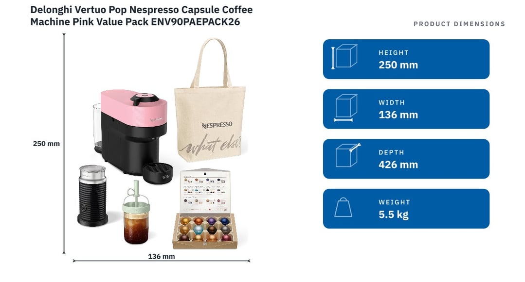 Delonghi Vertuo Pop Nespresso Capsule Coffee Machine Pink Value Pack ENV90PAEPACK26 — product dimensions