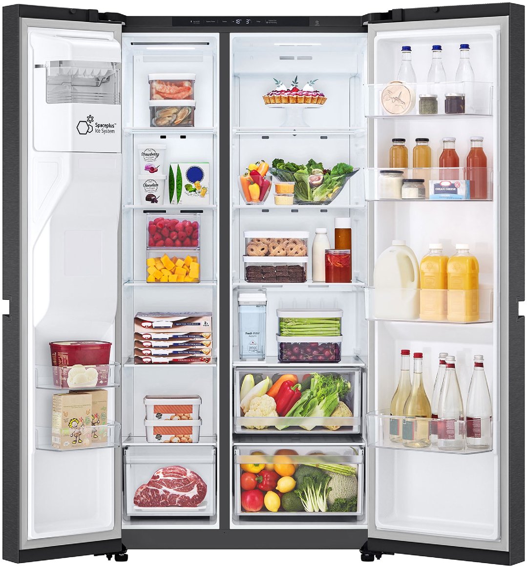 Open LG side-by-side fridge with food and drinks on shelves and in drawers