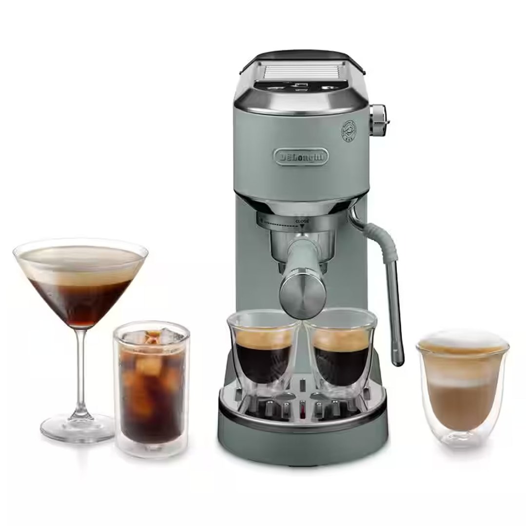 Green Delonghi coffee machine with three coffee drinks on a white background