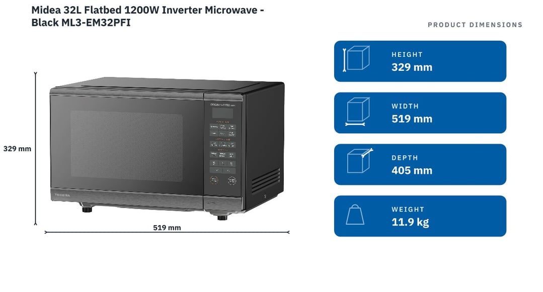 Midea 32L Flatbed 1200W Inverter Microwave - Black ML3-EM32PFI — product dimensions