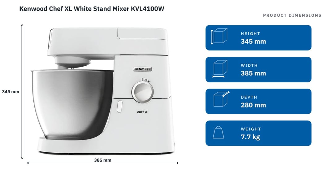 Kenwood Chef XL White Stand Mixer KVL4100W — product dimensions