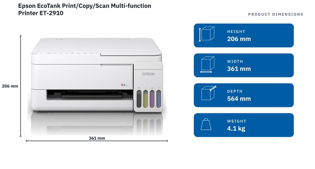 Epson EcoTank Print/Copy/Scan Multi-function Printer ET-2910 — product dimensions