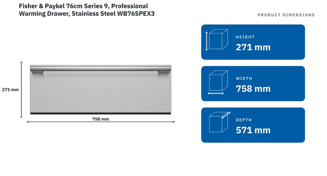 Fisher & Paykel 76cm Series 9, Professional Warming Drawer, Stainless Steel WB76SPEX3 — product dimensions