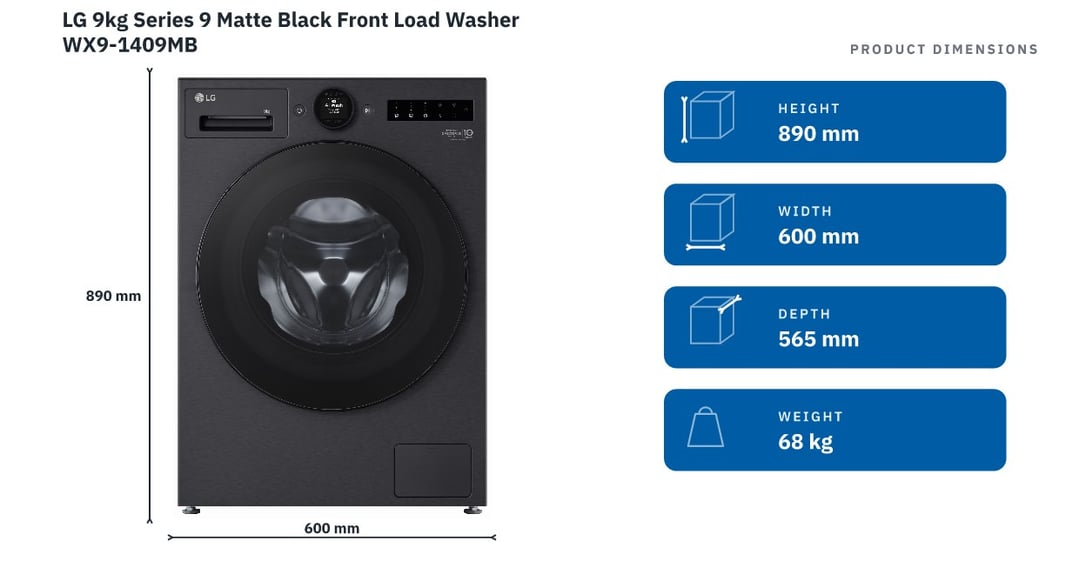 LG 9kg Series 9 Matte Black Front Load Washer WX9-1409MB — product dimensions