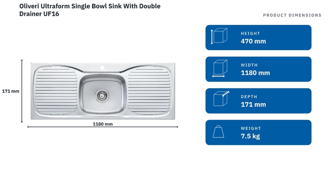 Oliveri Ultraform Single Bowl Sink With Double Drainer UF16 — product dimensions