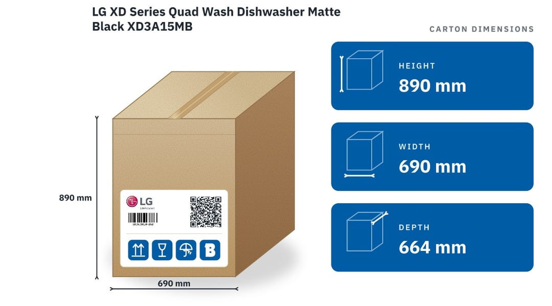 LG XD Series Quad Wash Dishwasher Matte Black XD3A15MB — packaged dimensions