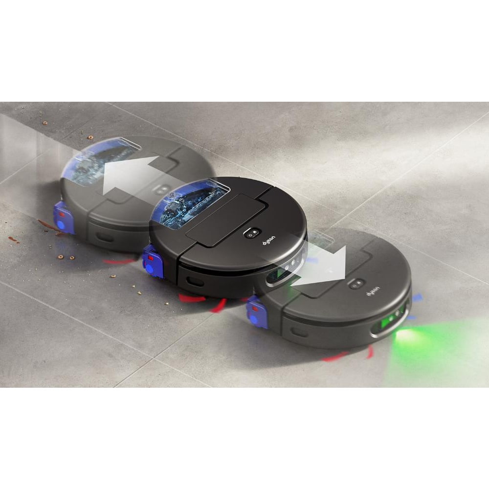 Dyson robot vacuum cleaner moving across a tiled floor, cleaning up debris
