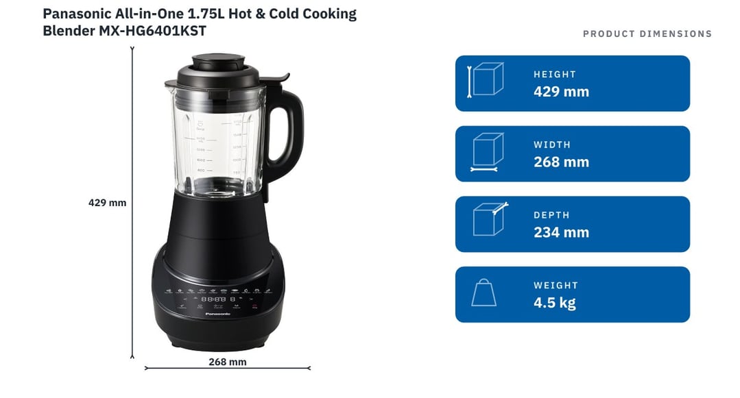 Panasonic All-in-One 1.75L Hot & Cold Cooking Blender MX-HG6401KST — product dimensions
