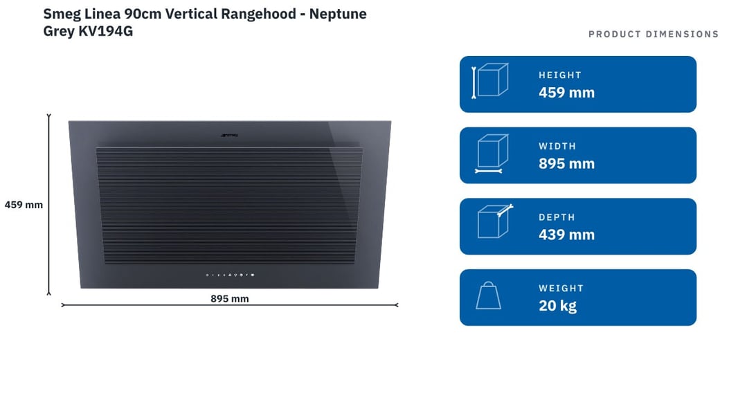 Smeg Linea 90cm Vertical Rangehood - Neptune Grey KV194G — product dimensions