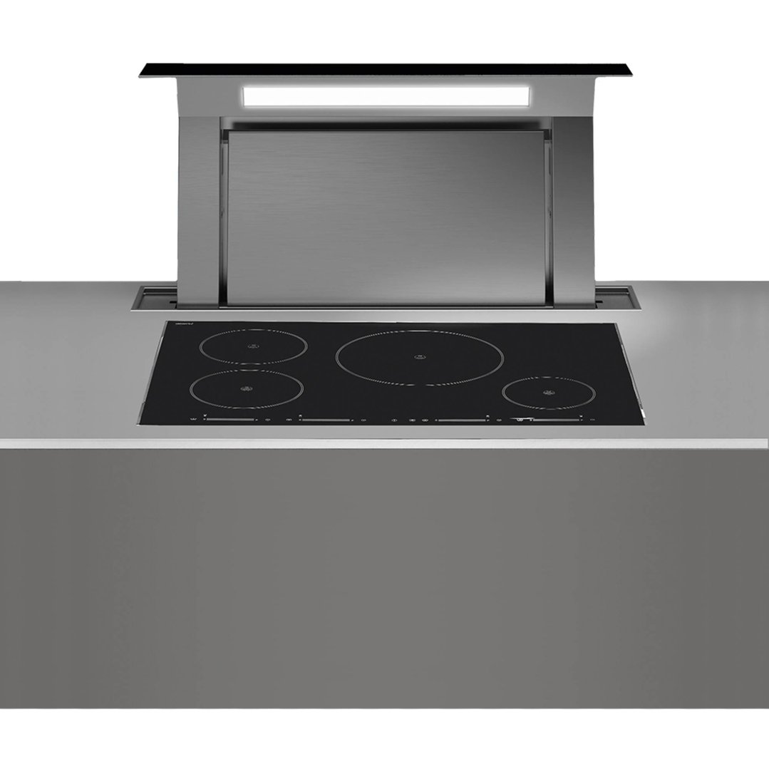 A downdraft rangehood and induction cooktop integrated into a kitchen island bench