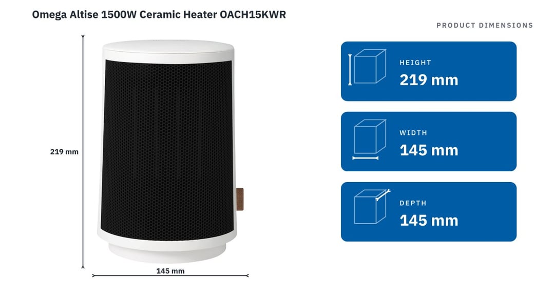 Omega Altise 1500W Ceramic Heater OACH15KWR — product dimensions