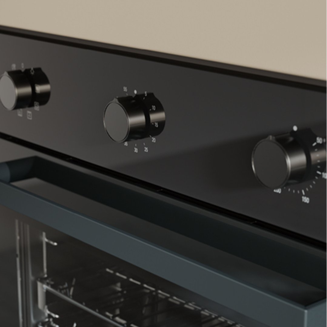 Close up of the control panel and open door of a built-in oven