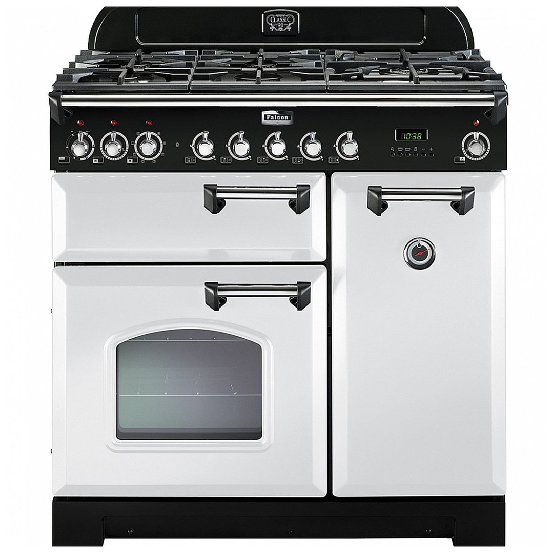Falcon Classic Deluxe 90cm Dual Fuel Upright Cooker White/Chrome