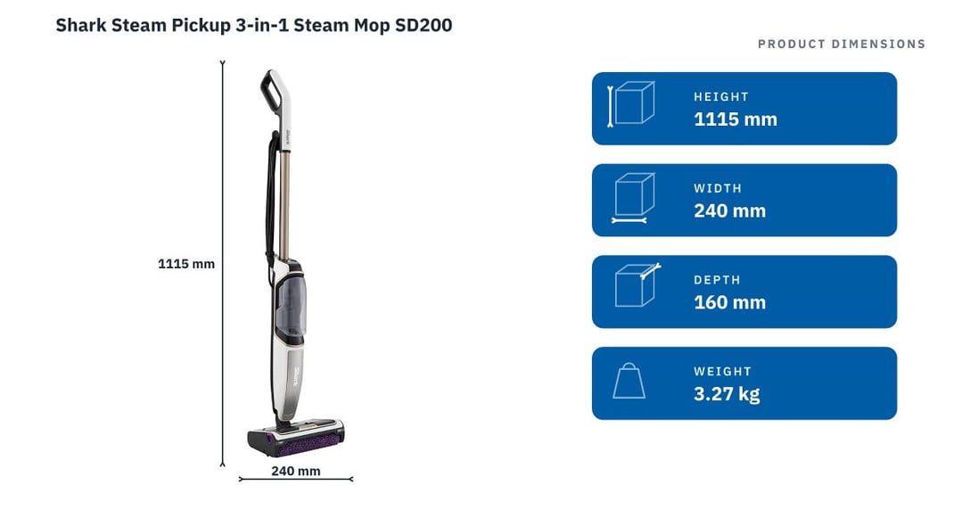 Shark Steam Pickup 3-in-1 Steam Mop SD200 — product dimensions
