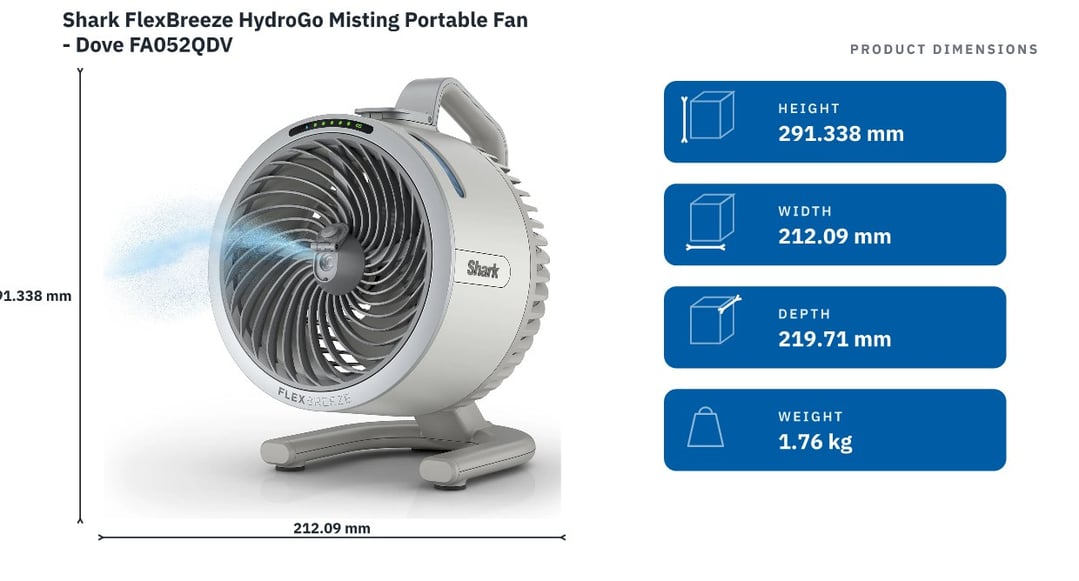 Shark FlexBreeze HydroGo Misting Portable Fan - Dove FA052QDV — product dimensions