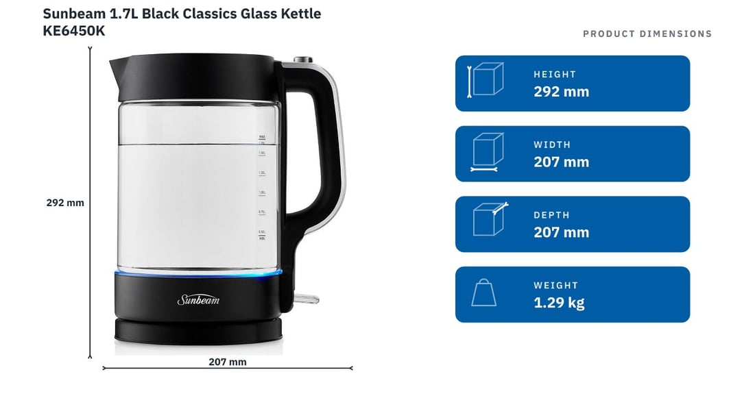 Sunbeam 1.7L Black Classics Glass Kettle KE6450K — product dimensions