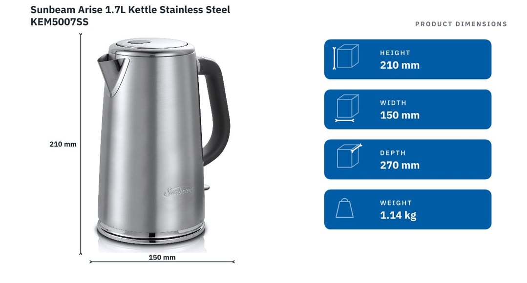 Sunbeam Arise 1.7L Kettle Stainless Steel KEM5007SS — product dimensions