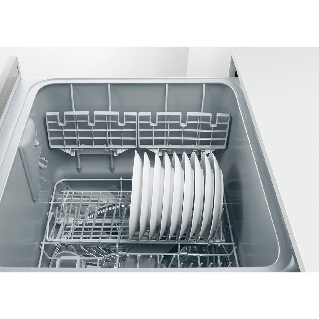 Open DishDrawer Dishwasher with white plates and cutlery inside