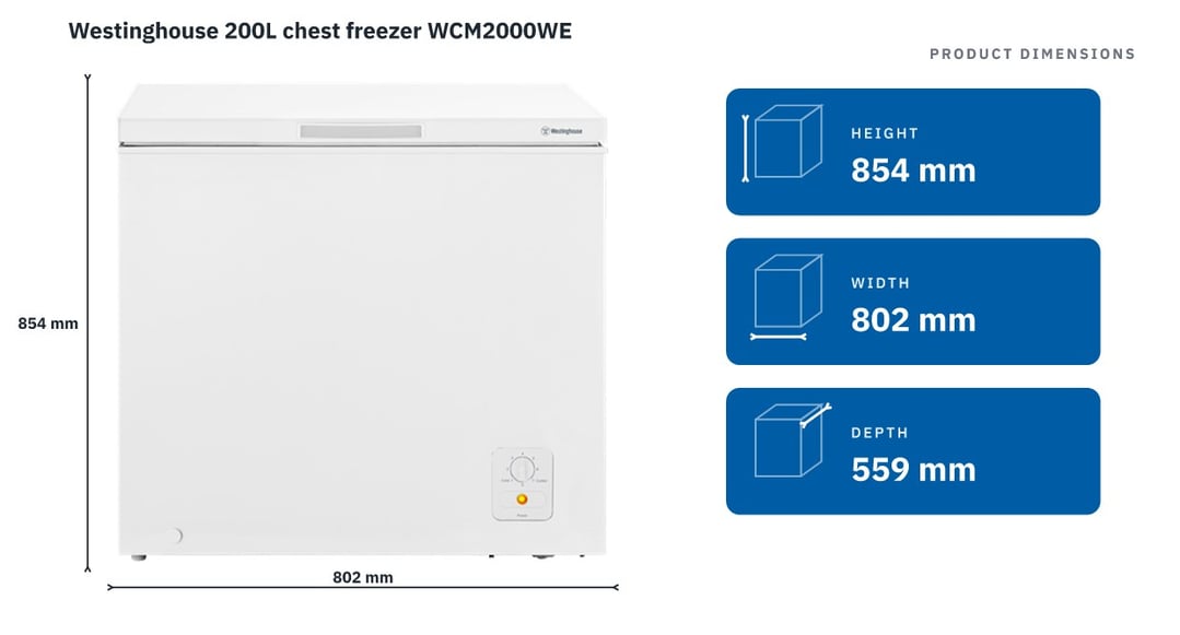 Westinghouse 200L chest freezer WCM2000WE — product dimensions