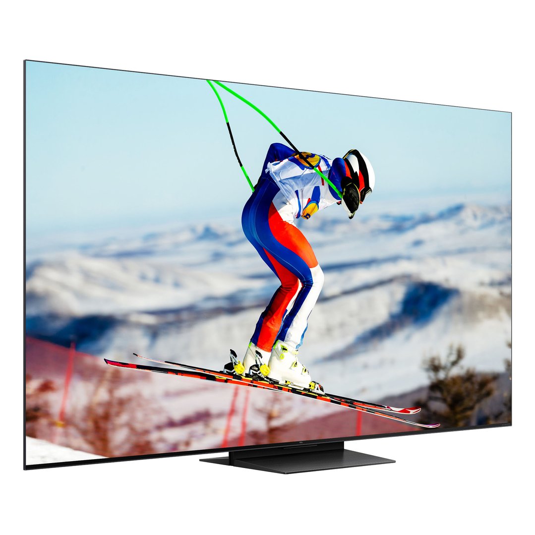 TCL TV displaying a skier on a snowy mountain landscape