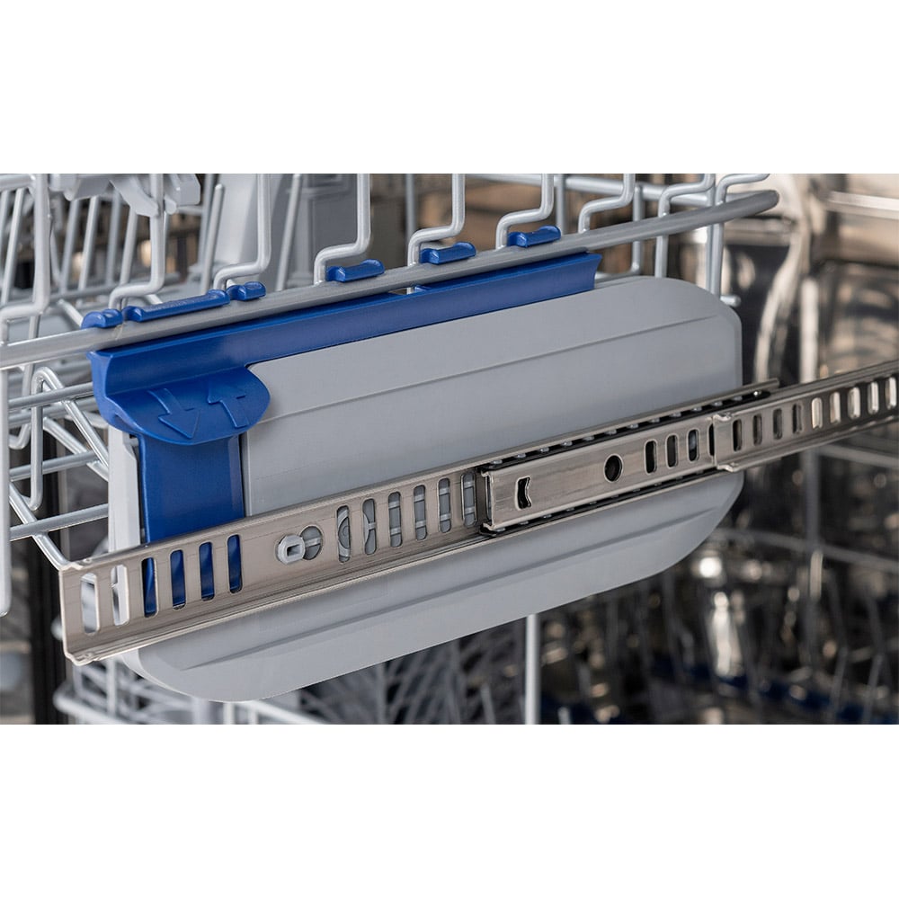 Close up of a dishwasher rack with a blue and grey adjustable component