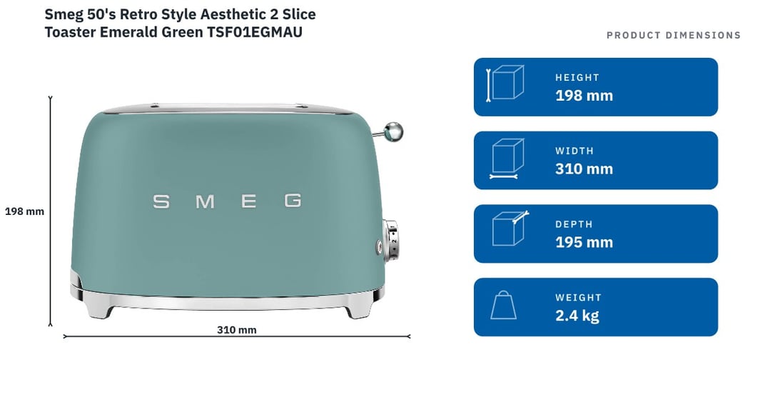 Smeg 50's Retro Style Aesthetic 2 Slice Toaster Emerald Green TSF01EGMAU