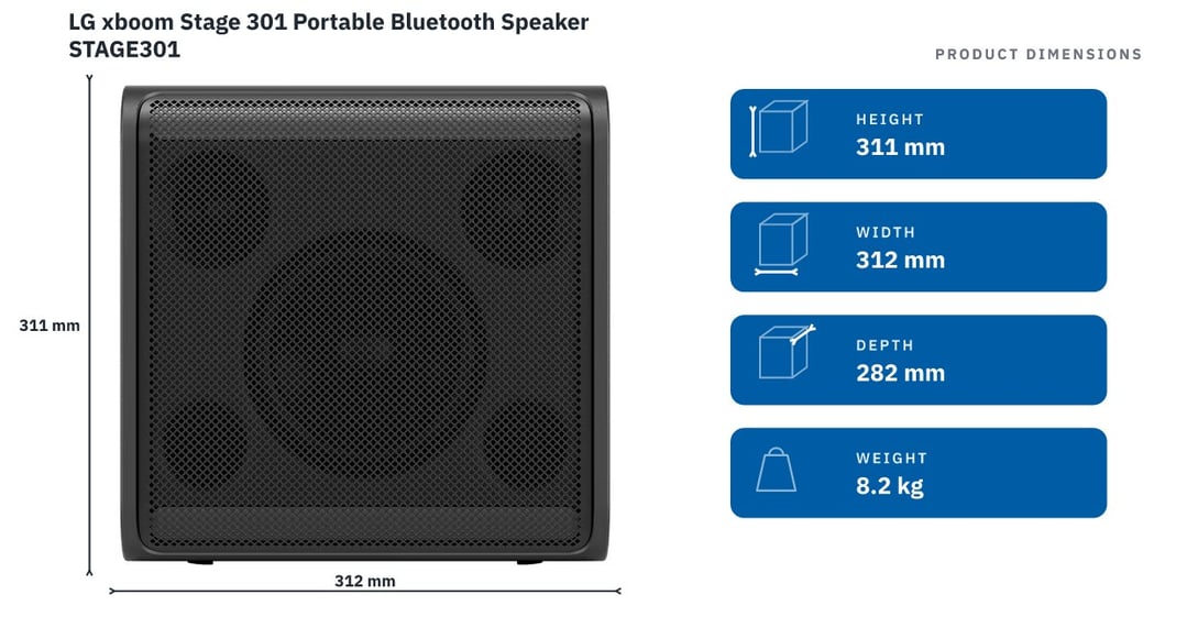 LG xboom Stage 301 Portable Bluetooth Speaker STAGE301 — product dimensions