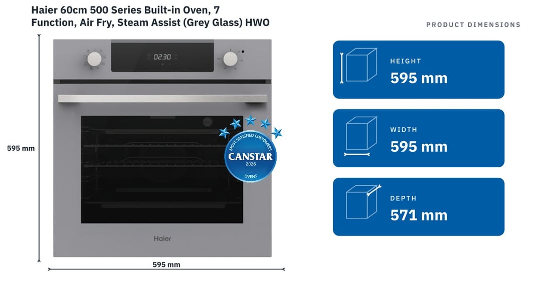 Haier 60cm 500 Series Built-in Oven, 7 Function, Air Fry, Steam Assist (Grey Glass) HWO60S7EG5 — product dimensions