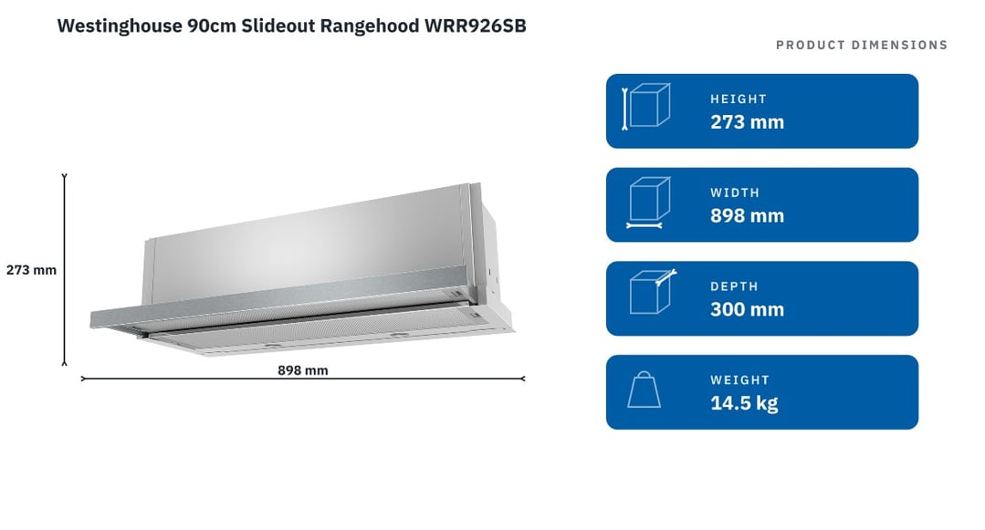 Westinghouse 90cm Slideout Rangehood WRR926SB — product dimensions