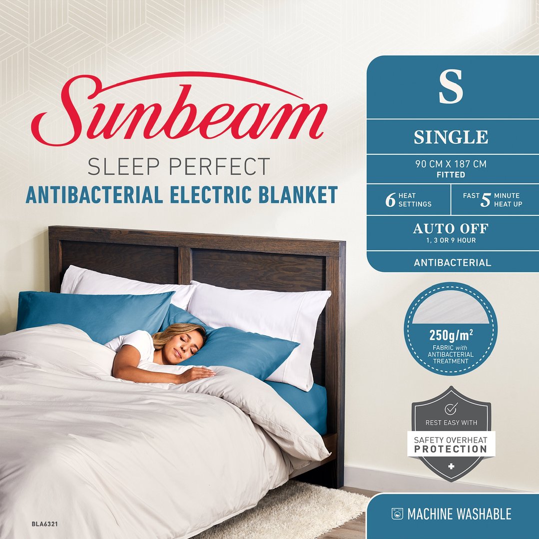 Sunbeam Sleep Perfect Antibacterial Electric Blanket Single BLA6321