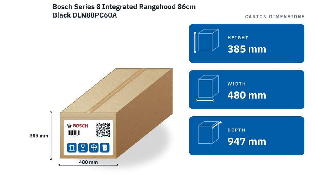 Bosch Series 8 Integrated Rangehood 86cm Black DLN88PC60A — packaged dimensions