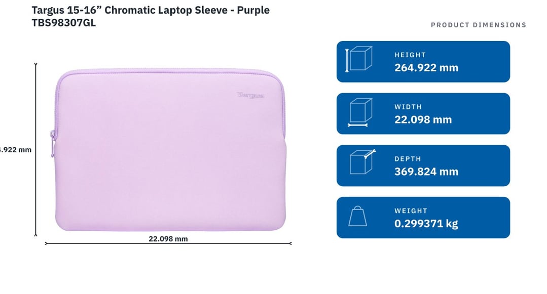 Targus 15-16” Chromatic Laptop Sleeve - Purple TBS98307GL — product dimensions