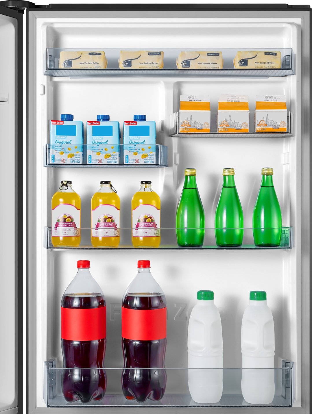 Open Hisense refrigerator interior filled with various food and drink items
