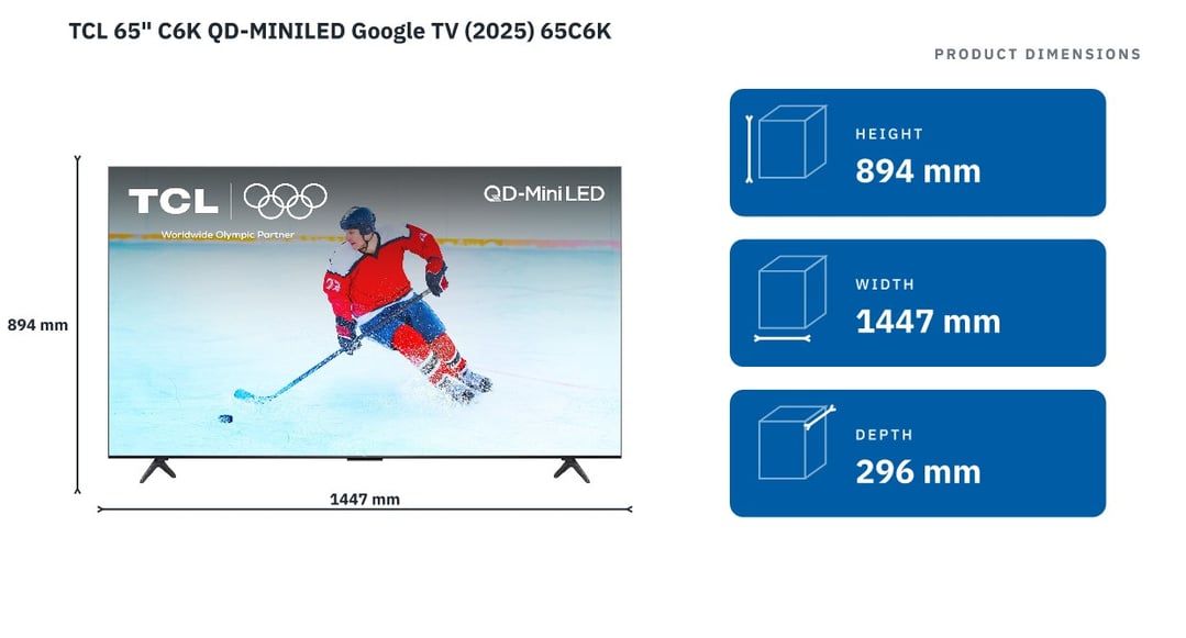 TCL 65" C6K QD-MINILED Google TV (2025) 65C6K — product dimensions