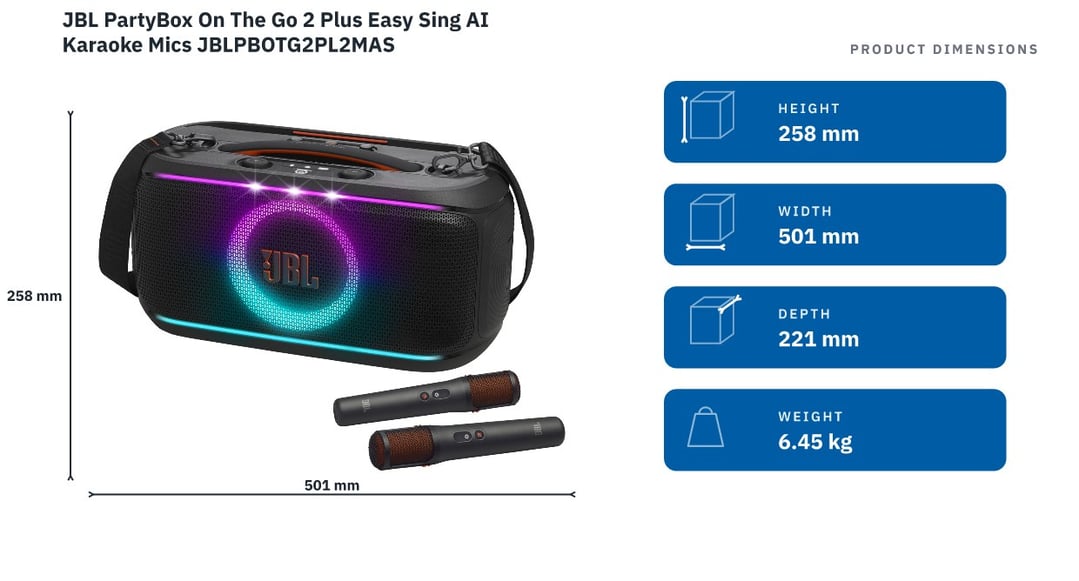 JBL PartyBox On The Go 2 Plus Easy Sing AI Karaoke Mics JBLPBOTG2PL2MAS — product dimensions