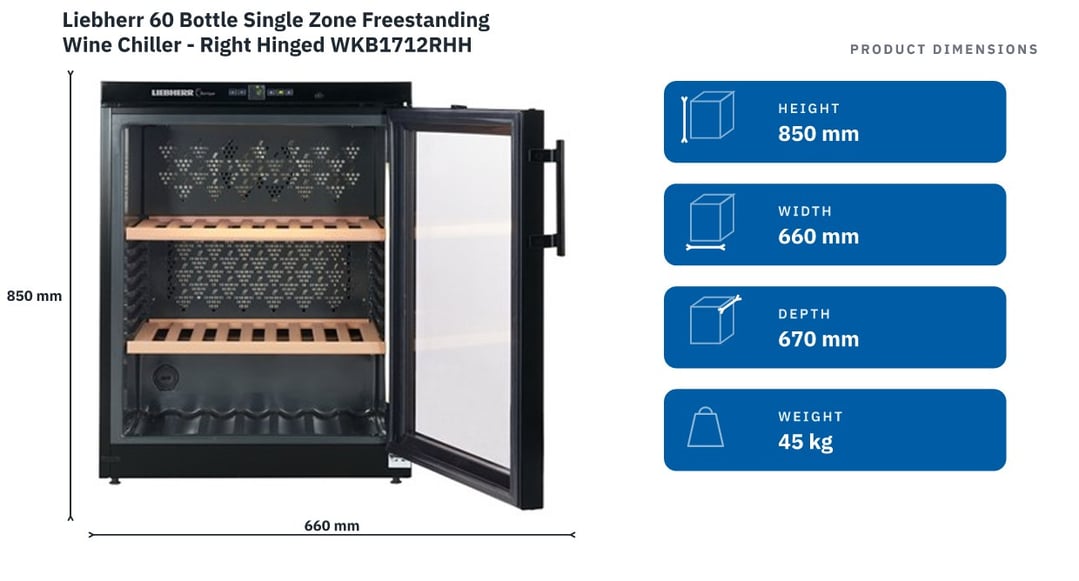 Liebherr 60 Bottle Single Zone Freestanding Wine Chiller - Right Hinged WKB1712RHH — product dimensions