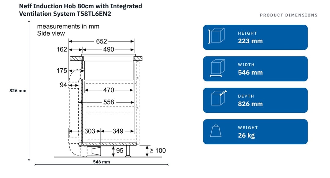 Neff Induction Hob 80cm with Integrated Ventilation System T58TL6EN2 — product dimensions