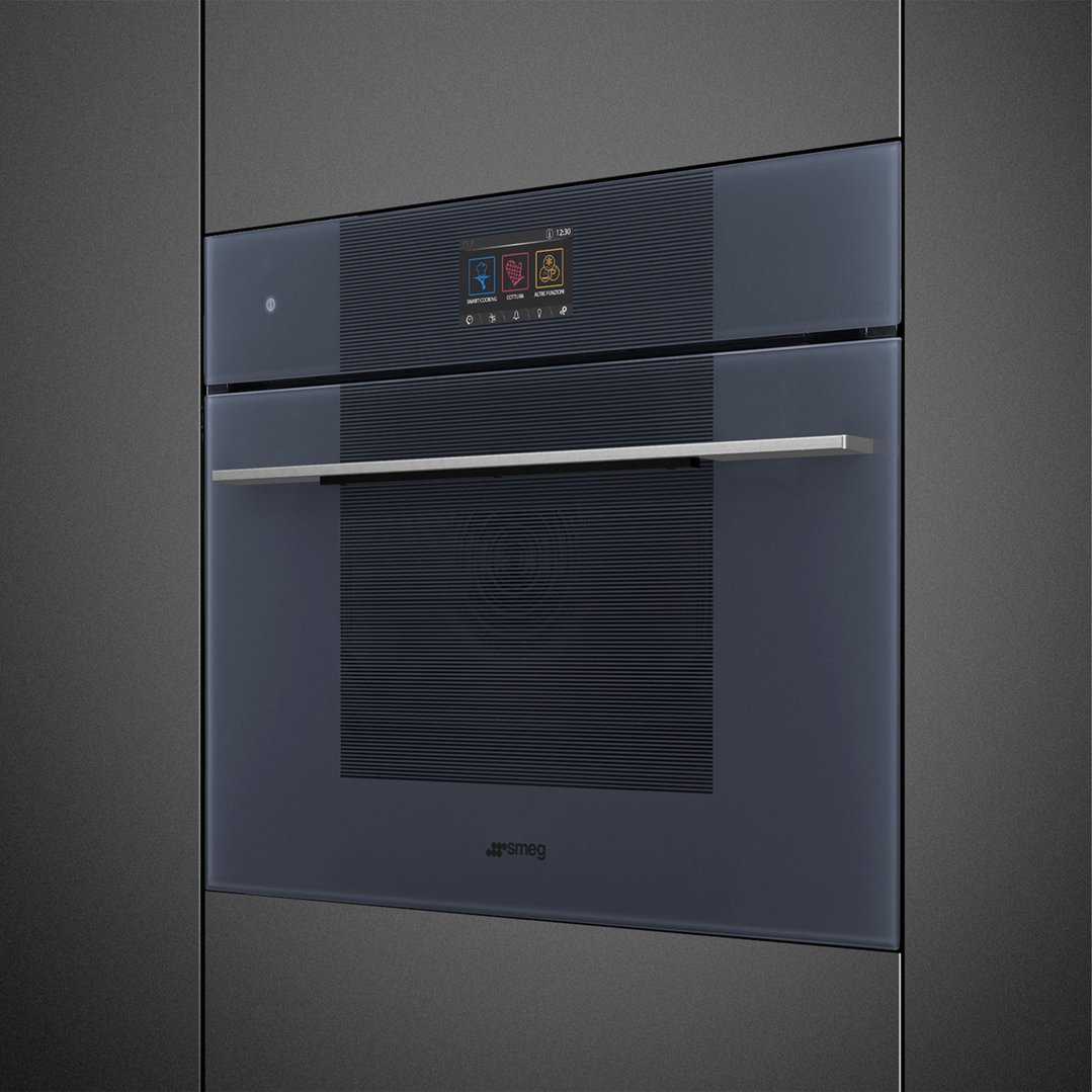 Built-in Neptune Grey compact omnichef oven with a digital display and handle