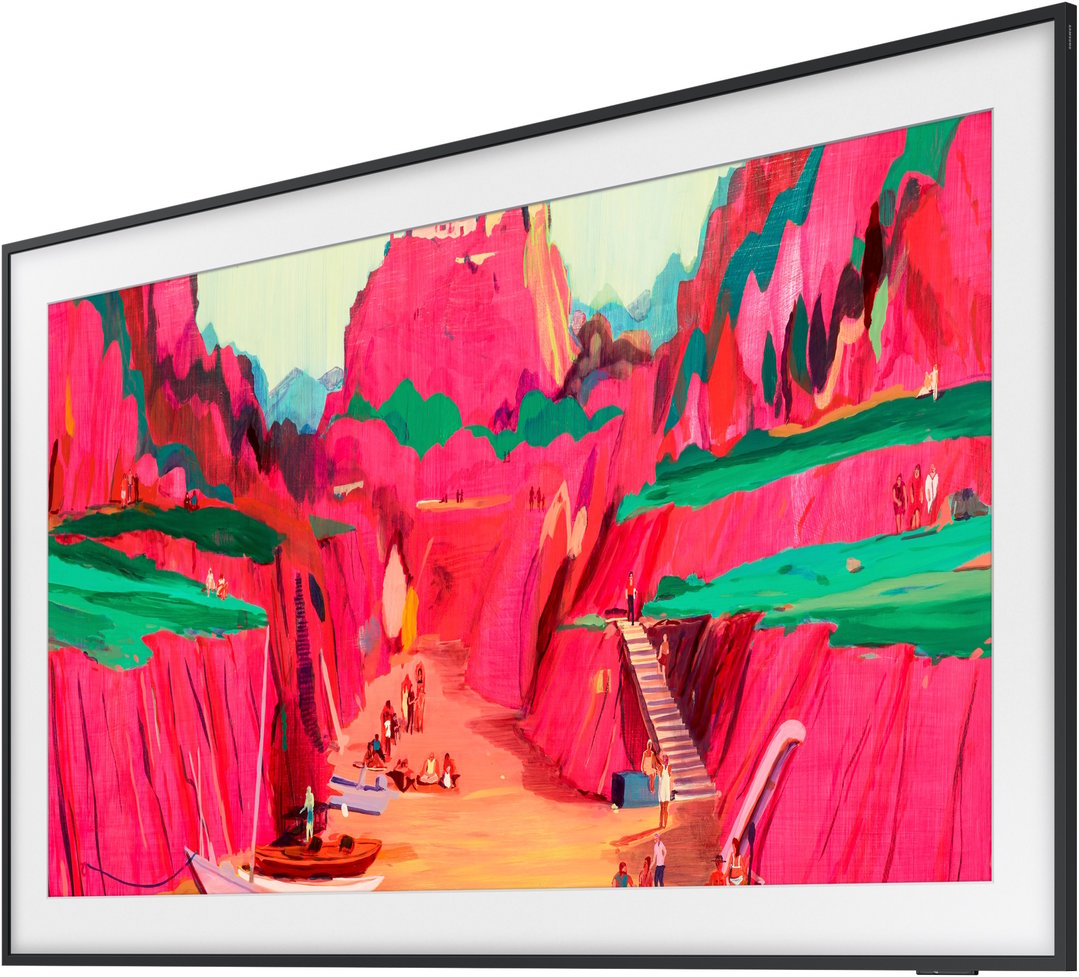 The Frame QLED 4K Smart TV displaying a vibrant painting of a beach scene