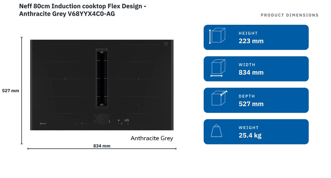 Neff 80cm Induction cooktop Flex Design - Anthracite Grey V68YYX4C0-AG — product dimensions
