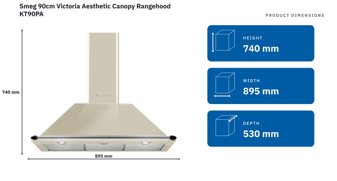 Smeg 90cm Victoria Aesthetic Canopy Rangehood KT90PA — product dimensions