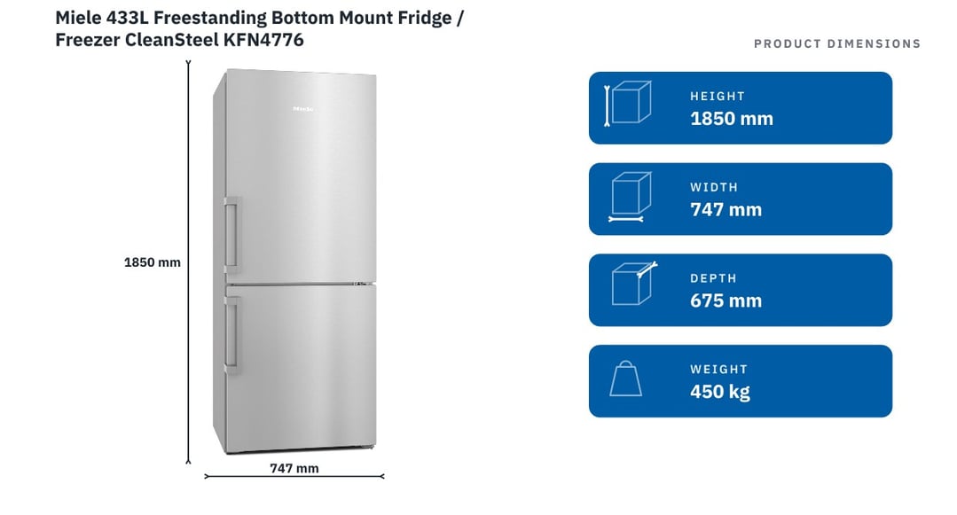 Miele 433L Freestanding Bottom Mount Fridge / Freezer CleanSteel KFN4776