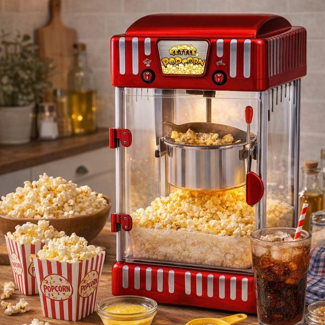 Red popcorn maker on a wooden counter with popcorn and a drink
