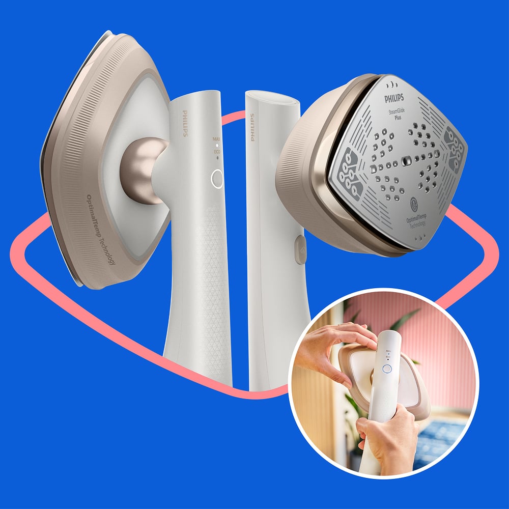 Two Philips OneTurn Hybrid Iron & Steamers on a blue background with a hand holding one